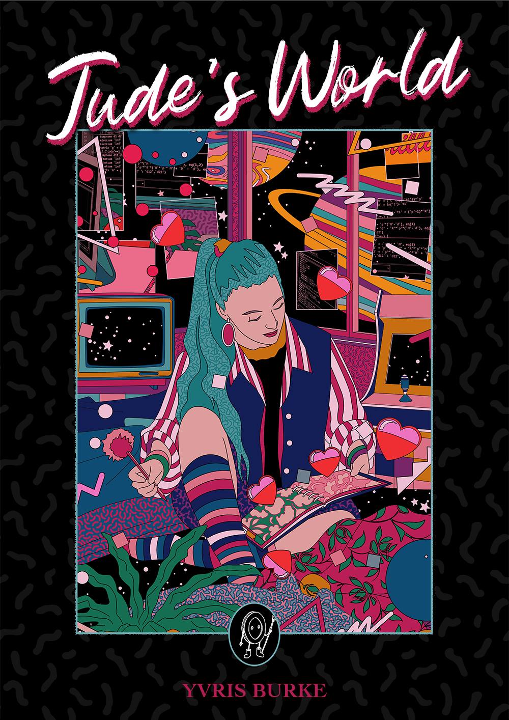 A book cover showing a young girl sitting on her bed writing in her diary. Outside the windows behind her there are planets and stars. The whole scene is very colourful and vibrant.