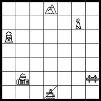a 7 by 7 grid with 6 populated squares containing icons: a nuclear power plant, a mountain, a bridge, a radio tower, a town hall, and a port. The port has one line drawn diagonally across its square.