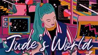 A young girl with turquoise hair writes in her diary. She's sitting on her bed surrounded by colourful toys and hearts. Outside we see planets and outer space.